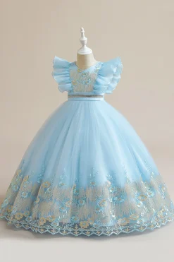 Vestido azul da menina de tule da linha com bordado