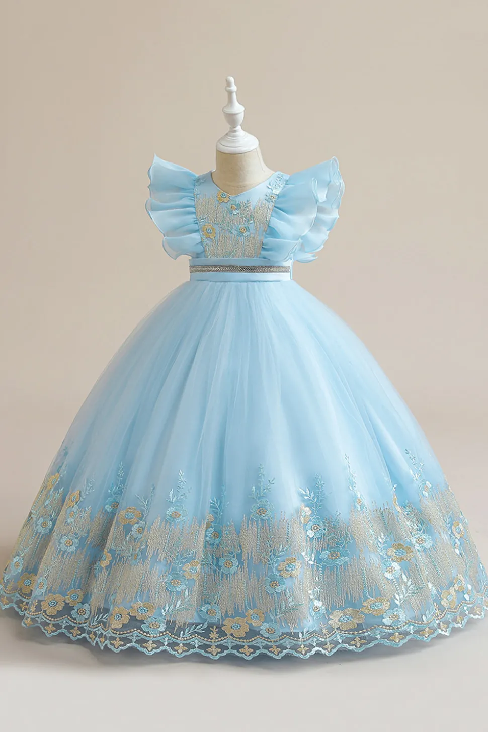 Vestido azul da menina de tule da linha com bordado