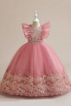 Vestido azul da menina de tule da linha com bordado