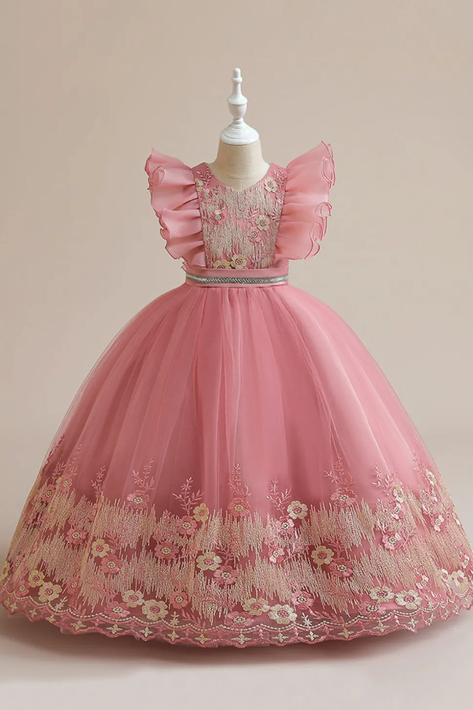 Vestido azul da menina de tule da linha com bordado