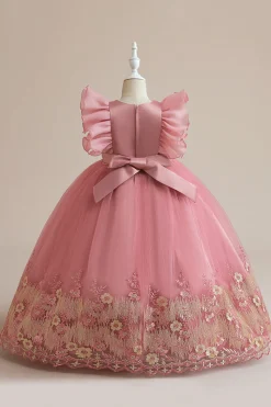 Vestido azul da menina de tule da linha com bordado