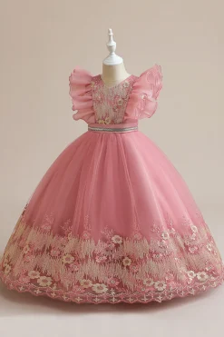 Vestido azul da menina de tule da linha com bordado
