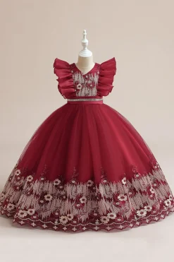 Vestido azul da menina de tule da linha com bordado