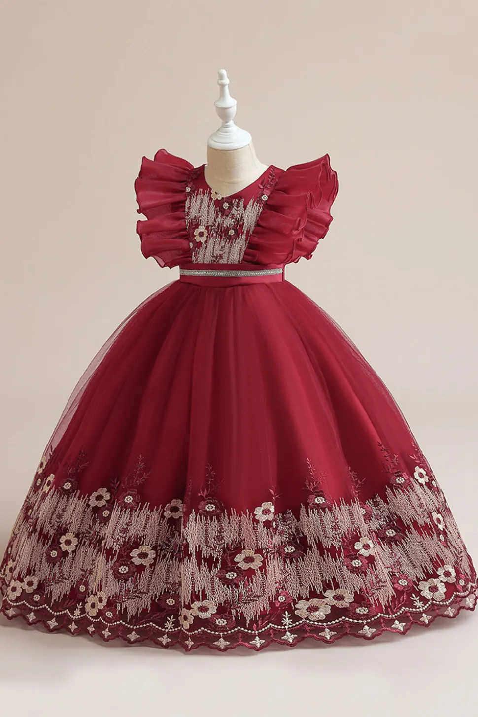 Vestido azul da menina de tule da linha com bordado