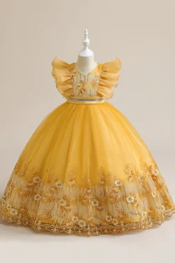 Vestido azul da menina de tule da linha com bordado