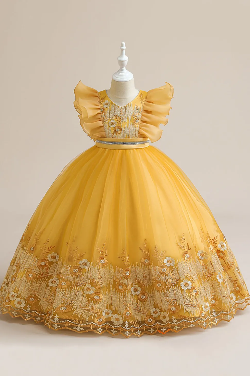 Vestido azul da menina de tule da linha com bordado