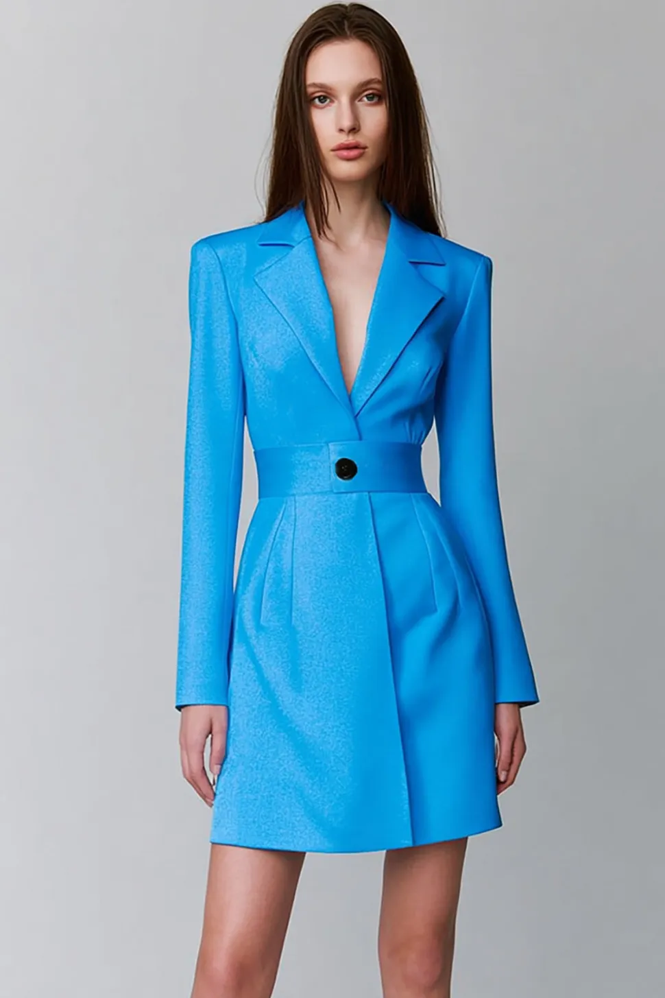 Vestido azul de mangas compridas Notched Lapela Blazer Curto
