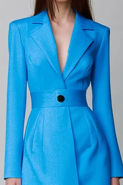 Vestido azul de mangas compridas Notched Lapela Blazer Curto
