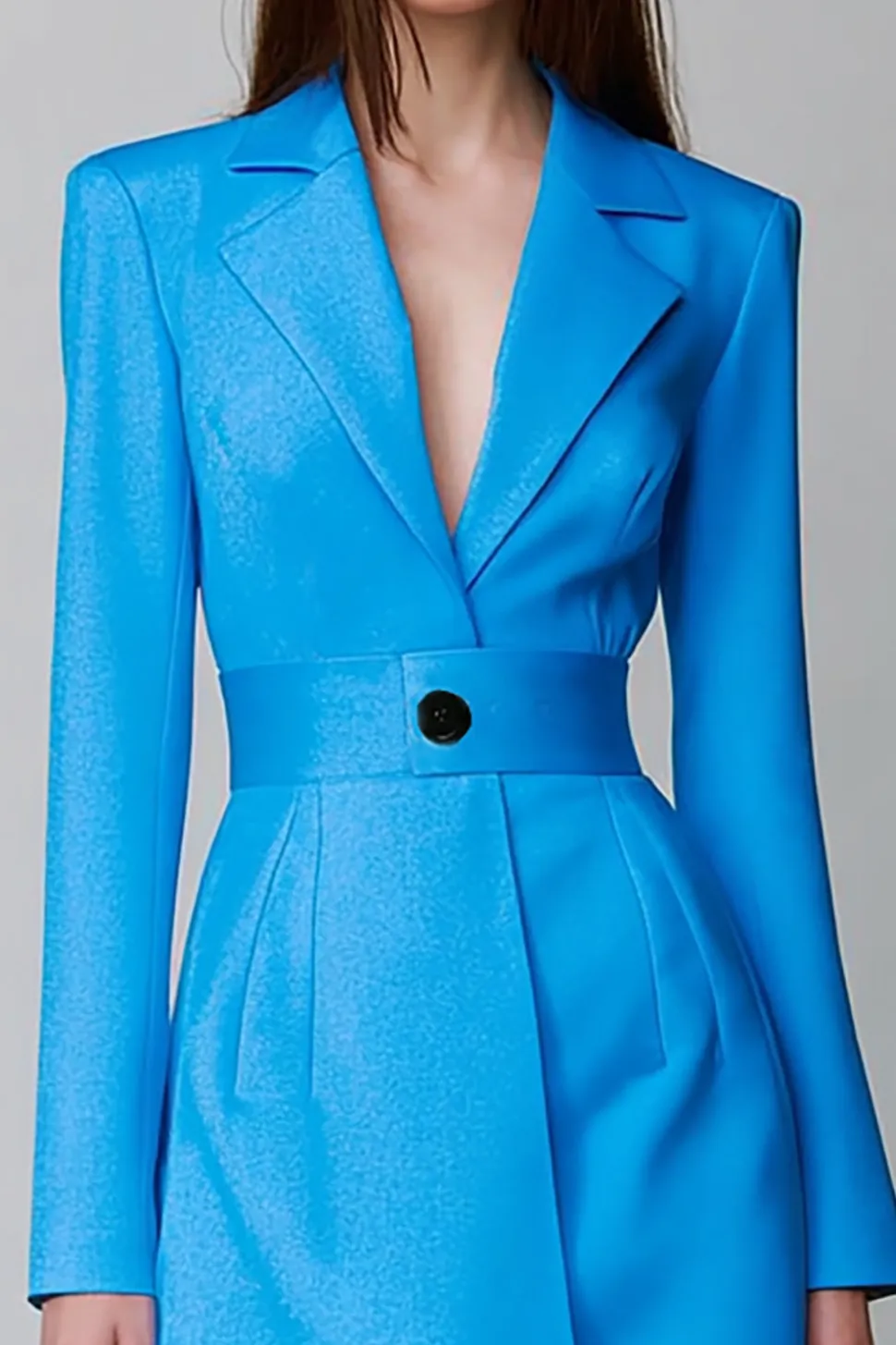 Vestido azul de mangas compridas Notched Lapela Blazer Curto