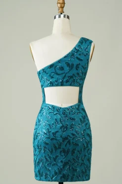 Vestido azul de um ombro apertado Homecoming com costas ocas