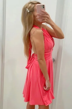 Vestido bonito fuchsia Halter sem costas curto vestido de cocktail