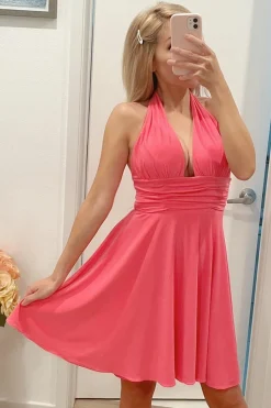 Vestido bonito fuchsia Halter sem costas curto vestido de cocktail