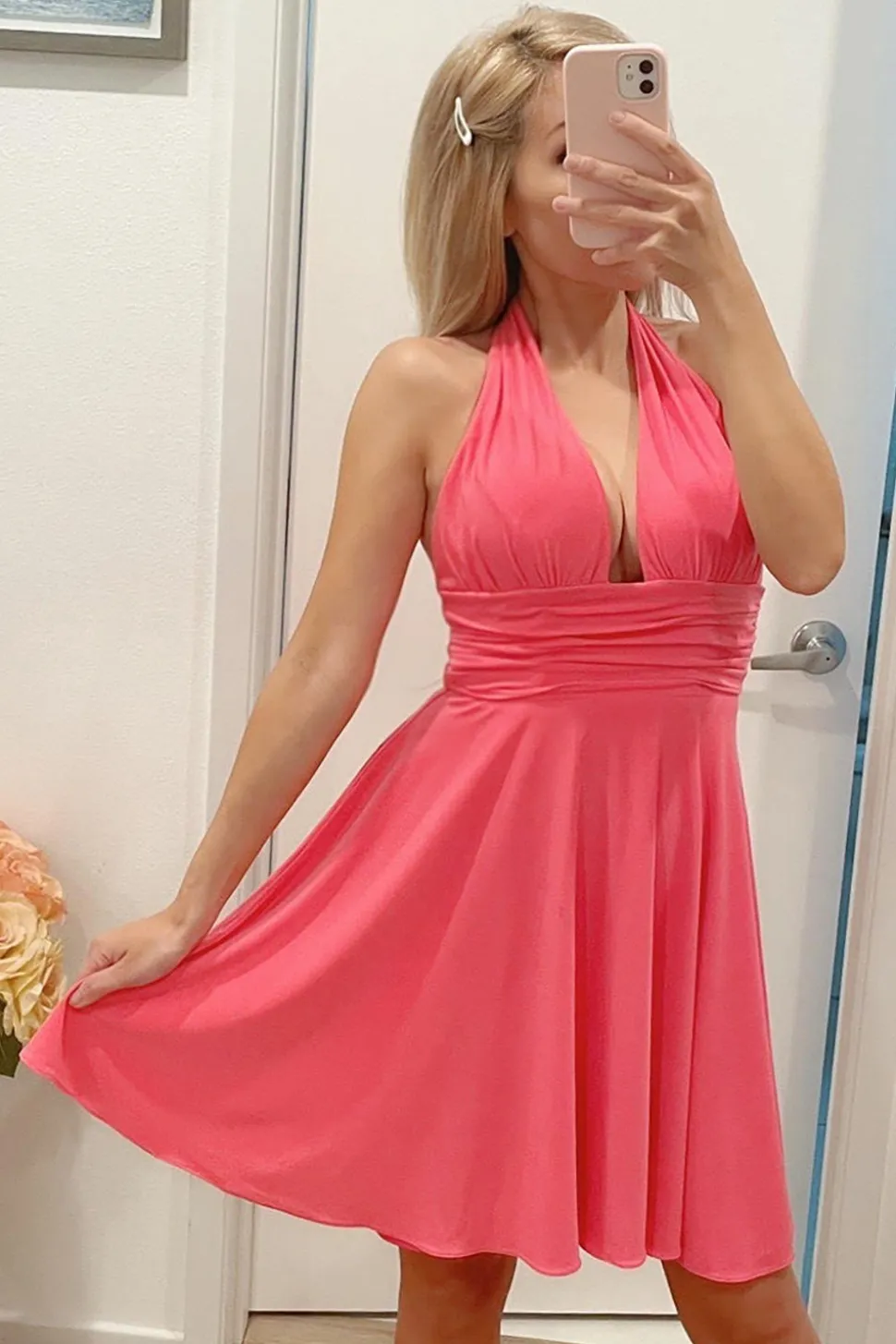Vestido bonito fuchsia Halter sem costas curto vestido de cocktail