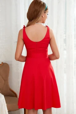 Vestido Bowknot do Pescoço Quadrado Vermelho dos anos 50
