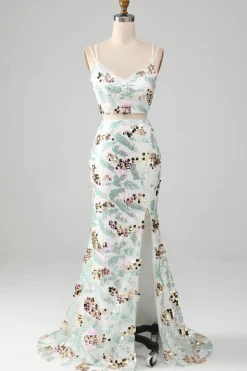 Vestido branco de duas peças brilhante sereia baile de formatura com fenda