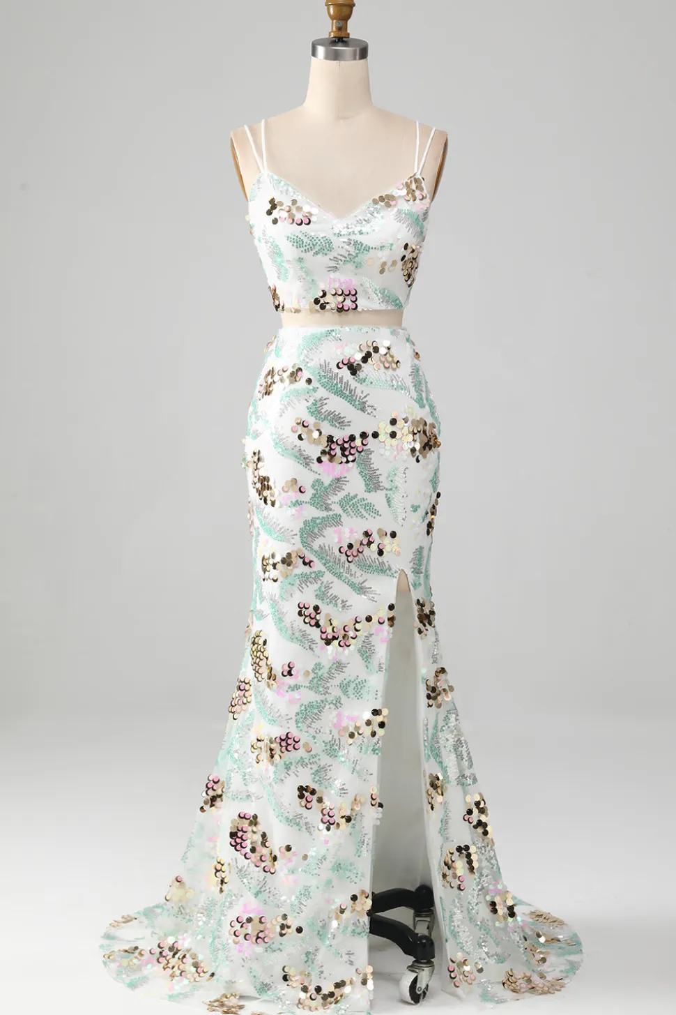 Vestido branco de duas peças brilhante sereia baile de formatura com fenda