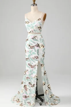 Vestido branco de duas peças brilhante sereia baile de formatura com fenda
