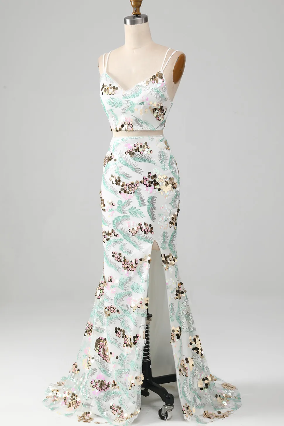 Vestido branco de duas peças brilhante sereia baile de formatura com fenda