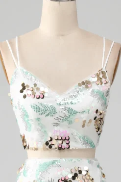 Vestido branco de duas peças brilhante sereia baile de formatura com fenda