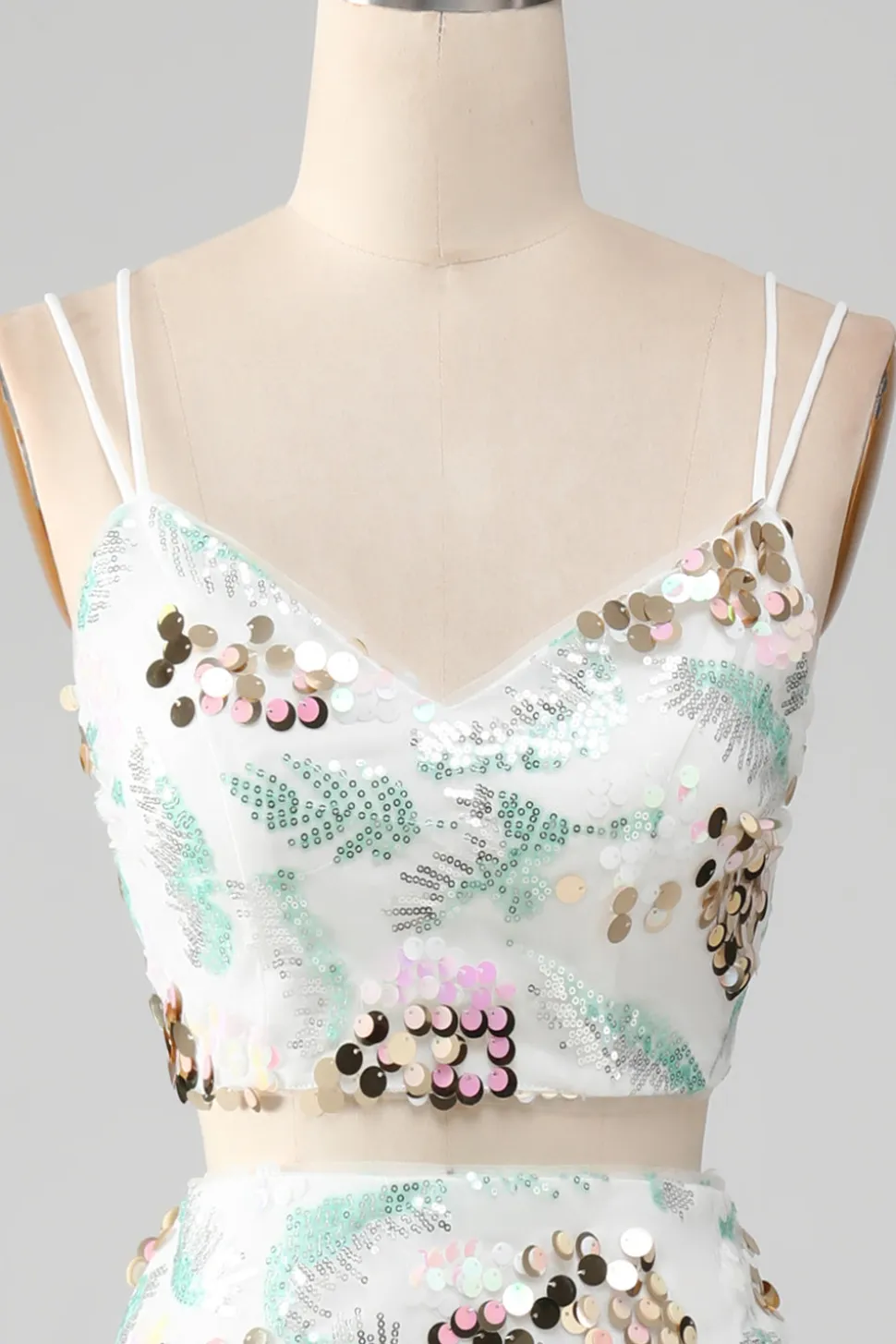 Vestido branco de duas peças brilhante sereia baile de formatura com fenda