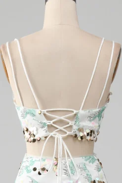 Vestido branco de duas peças brilhante sereia baile de formatura com fenda