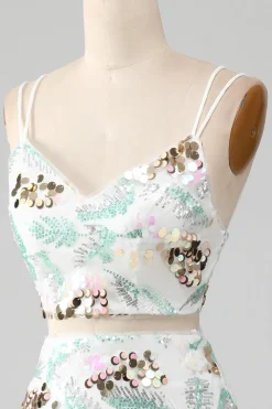 Vestido branco de duas peças brilhante sereia baile de formatura com fenda