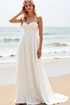 Vestido Branco Linha-A Alças Finas Cetim Longo Vestido de Noiva
