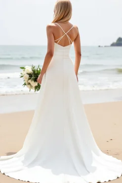 Vestido Branco Linha-A Alças Finas Cetim Longo Vestido de Noiva