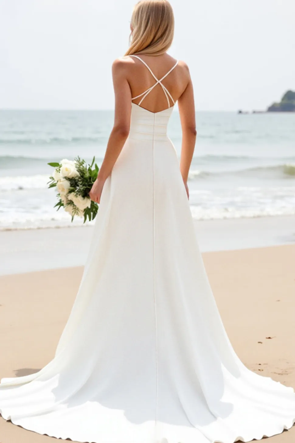 Vestido Branco Linha-A Alças Finas Cetim Longo Vestido de Noiva