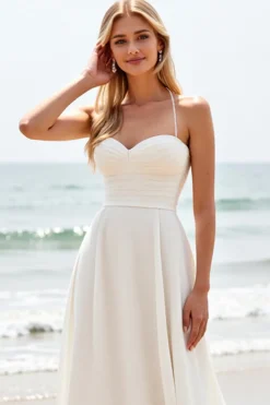 Vestido Branco Linha-A Alças Finas Cetim Longo Vestido de Noiva