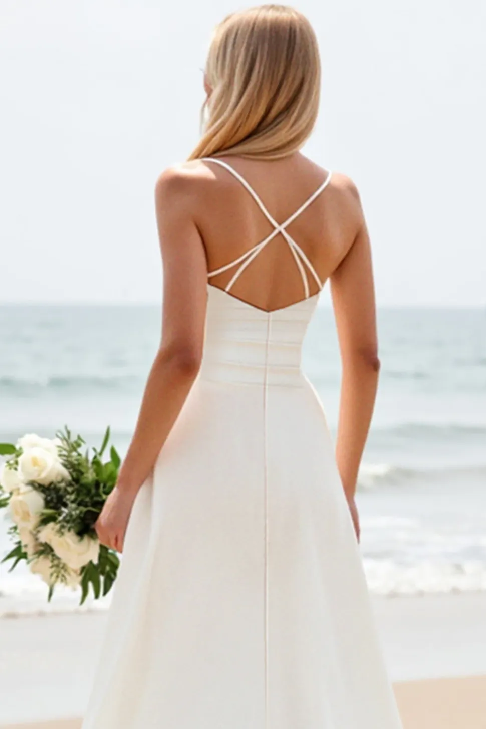 Vestido Branco Linha-A Alças Finas Cetim Longo Vestido de Noiva