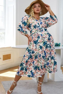 Vestido casuais manga comprida flor azul