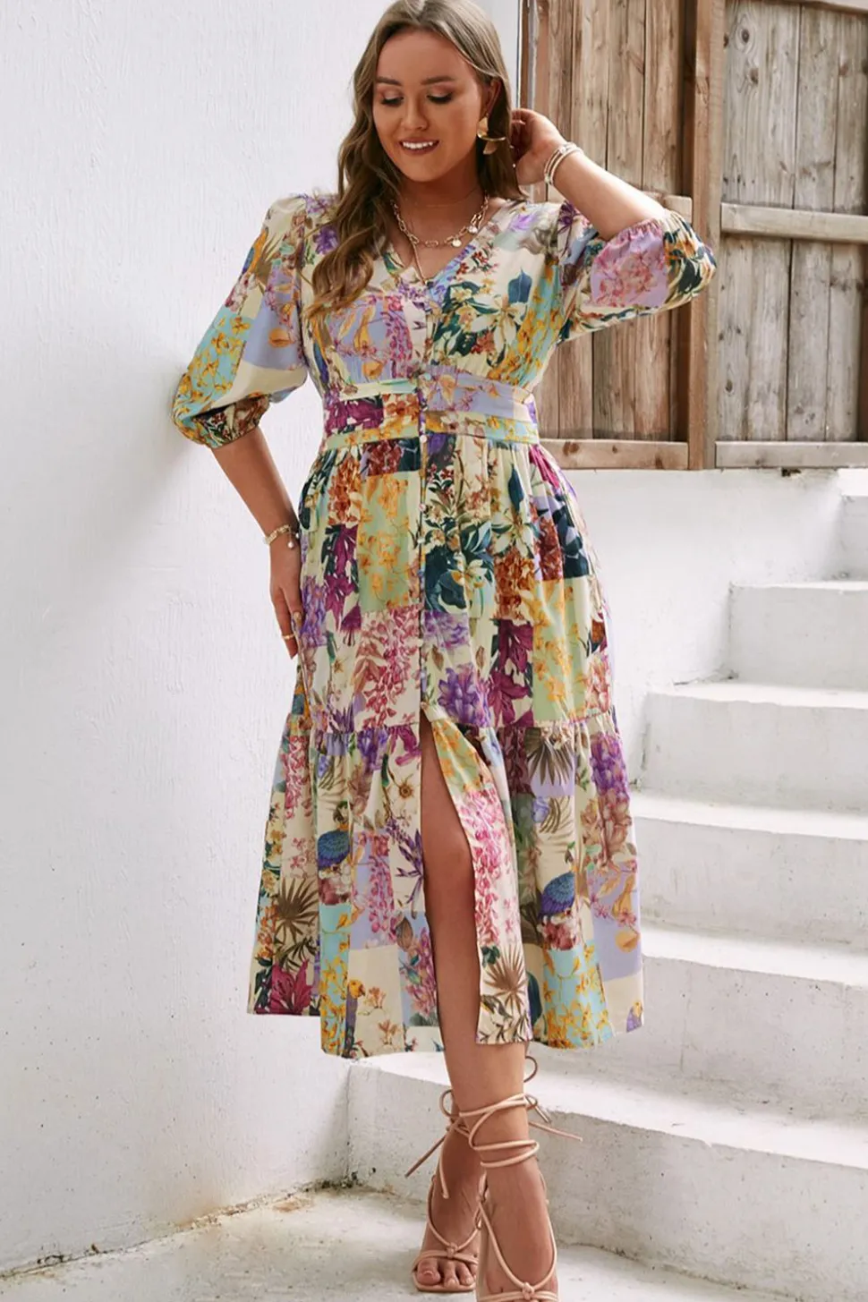Vestido casuais manga comprida flor azul