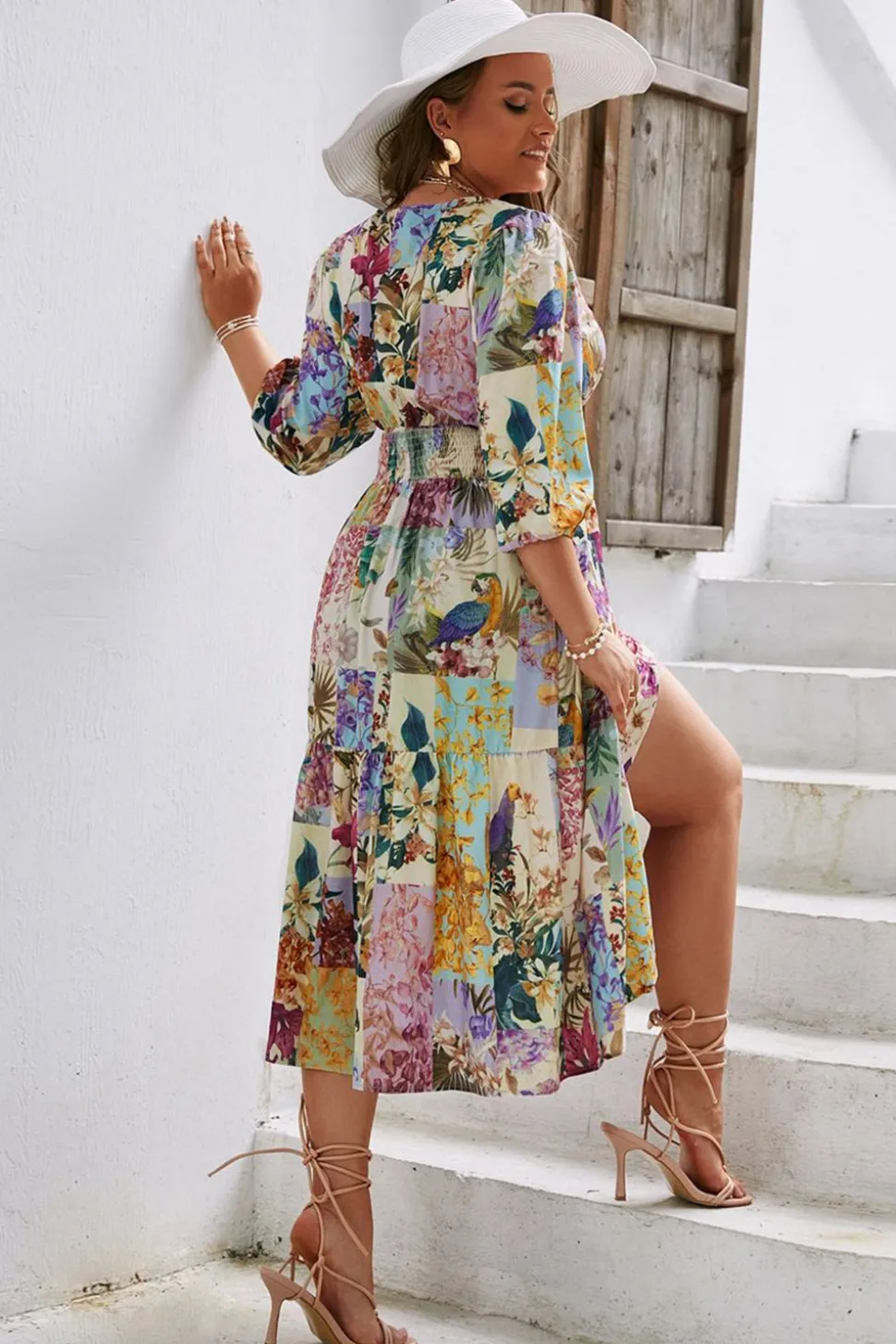 Vestido casuais manga comprida flor azul