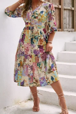 Vestido casuais manga comprida flor azul