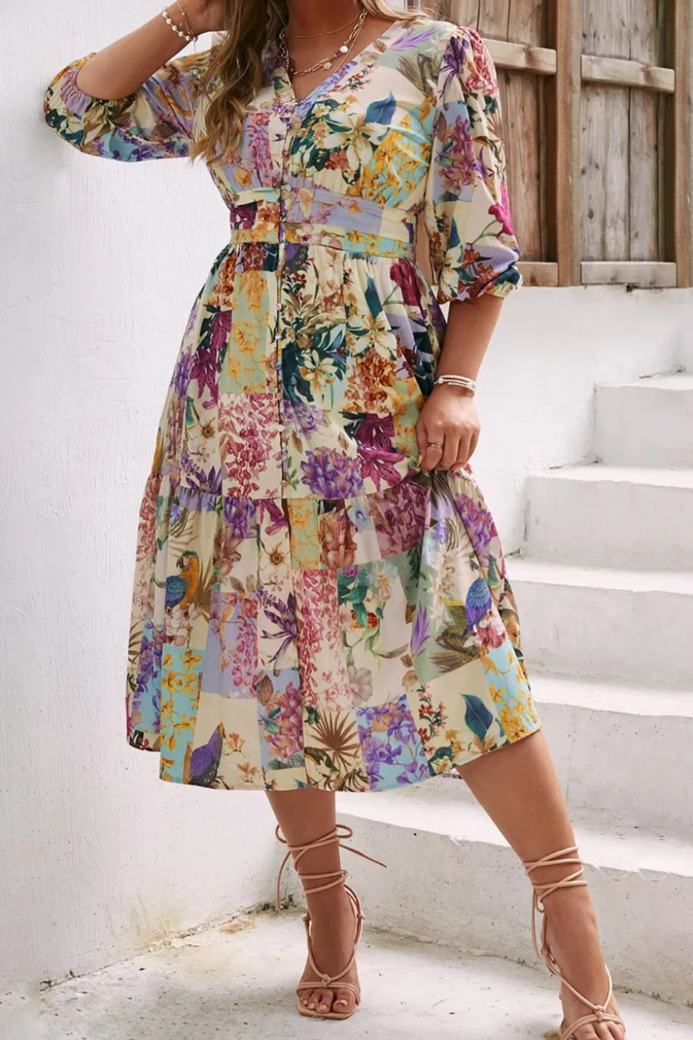 Vestido casuais manga comprida flor azul