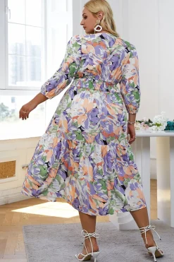Vestido casuais manga comprida flor azul