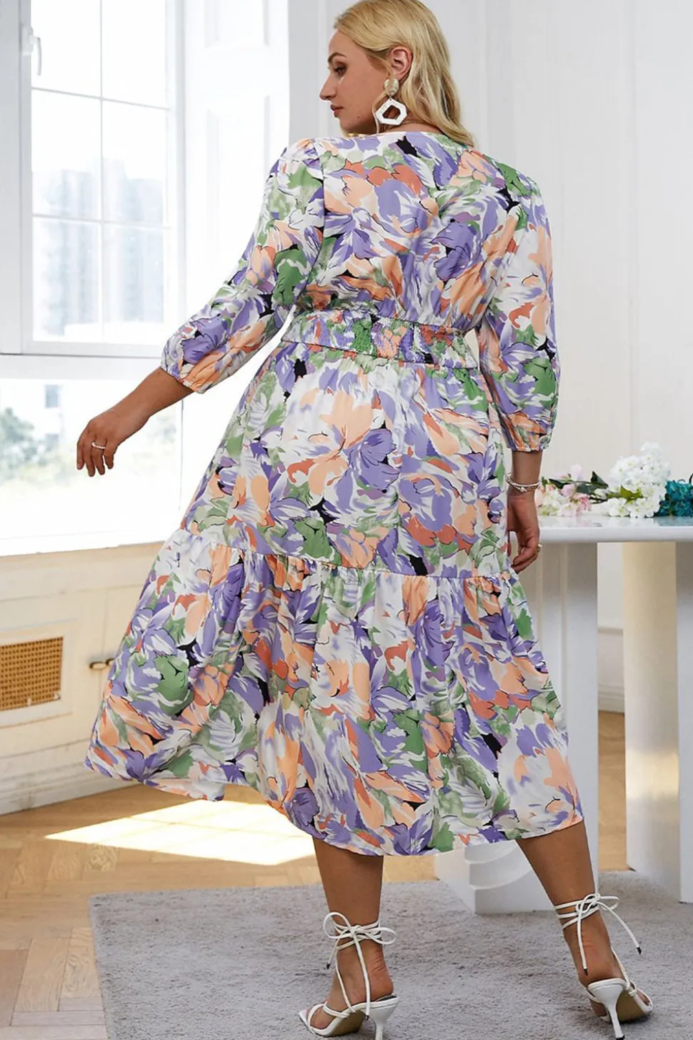 Vestido casuais manga comprida flor azul