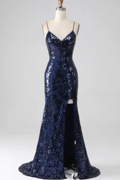 Vestido cintilante de lantejoulas sereia espaguete com fenda