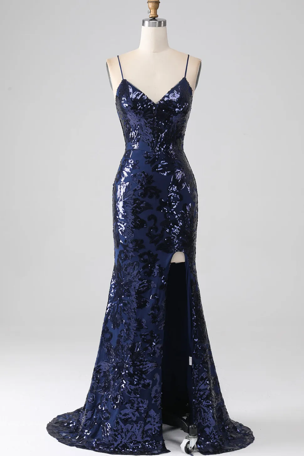 Vestido cintilante de lantejoulas sereia espaguete com fenda