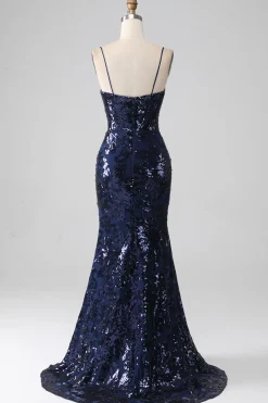 Vestido cintilante de lantejoulas sereia espaguete com fenda