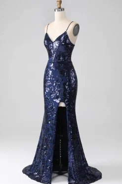 Vestido cintilante de lantejoulas sereia espaguete com fenda