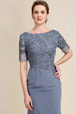 Vestido Cinza de Mãe da Noiva Com Appliques