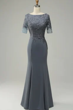 Vestido Cinza de Mãe da Noiva Com Appliques