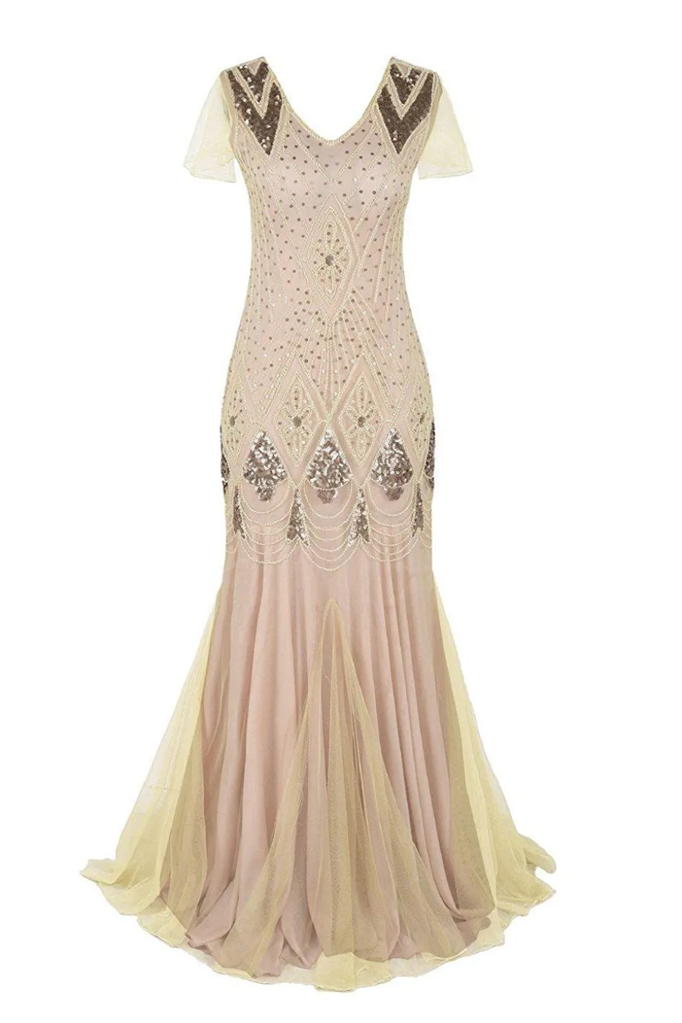 Vestido comprido de flapper de lantejoulas da década de 1920