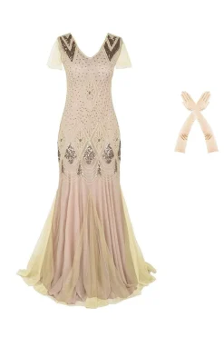Vestido comprido de flapper de lantejoulas da década de 1920
