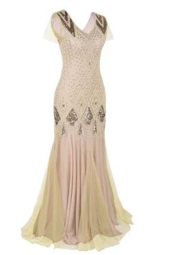 Vestido comprido de flapper de lantejoulas da década de 1920
