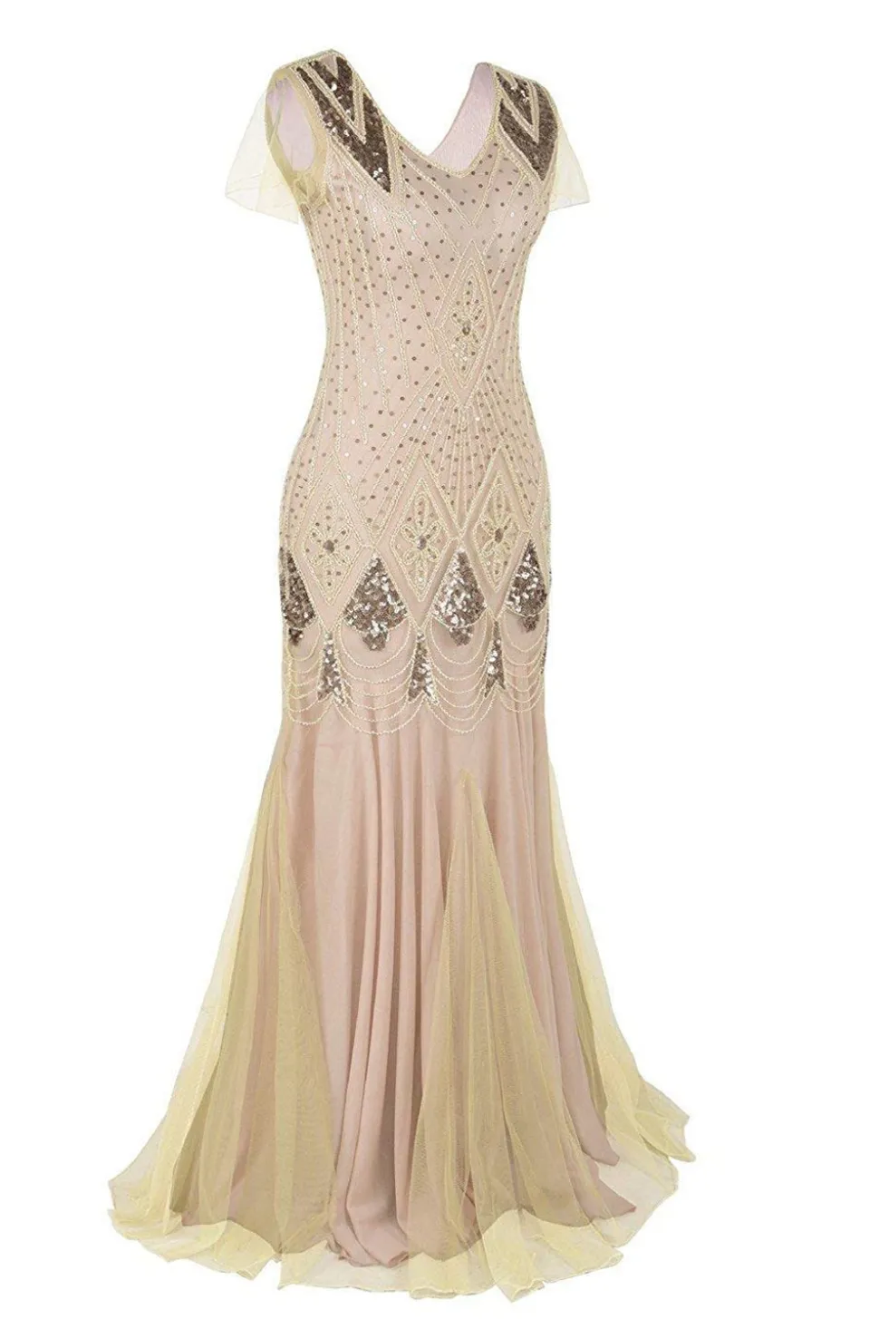 Vestido comprido de flapper de lantejoulas da década de 1920