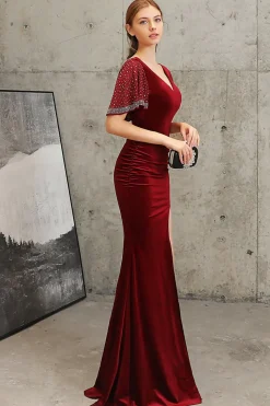 Vestido comprido de veludo verde escuro