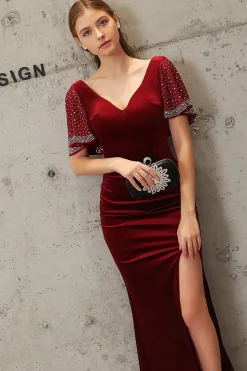 Vestido comprido de veludo verde escuro